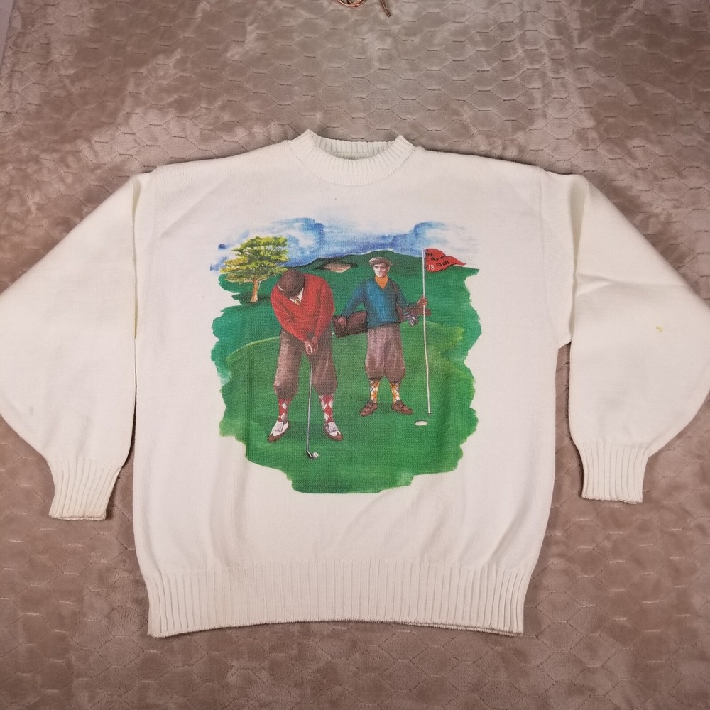 VTG 90s Grandpa Knit Golf Sweater White Sz XL Printed STAINED See‎ Pics